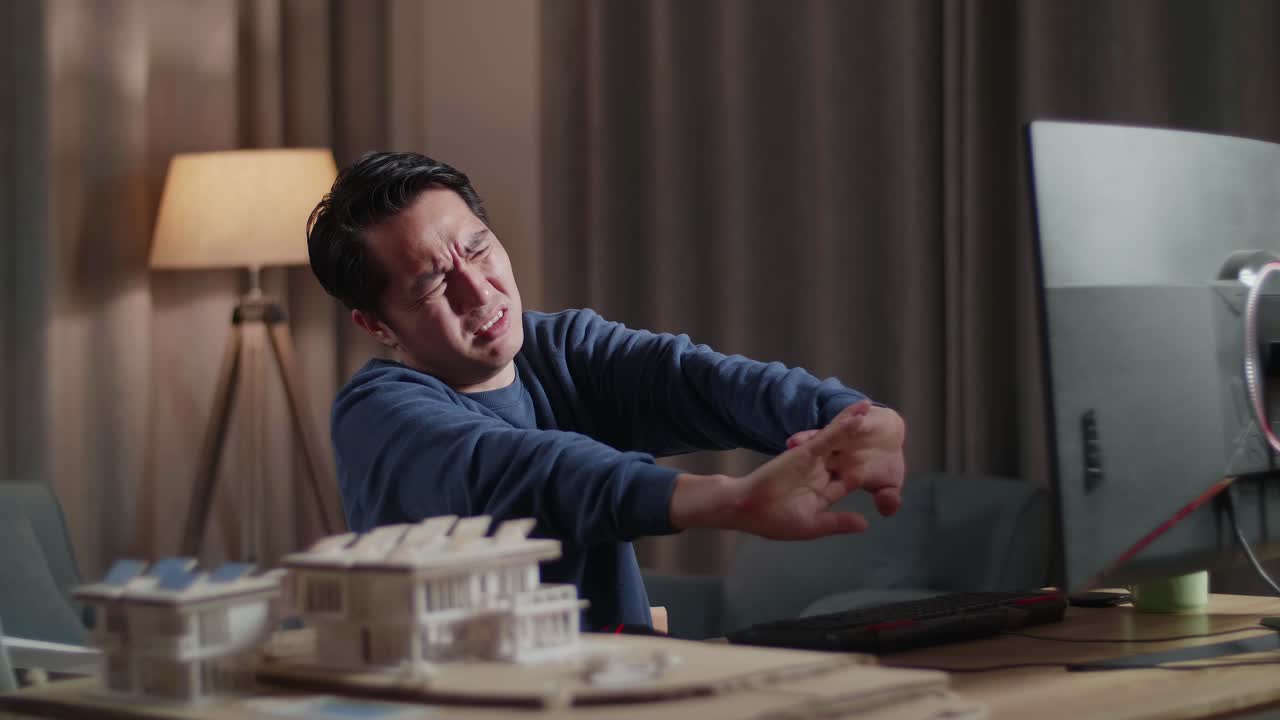 집에서 늦게 일하는 남자, 목 통증