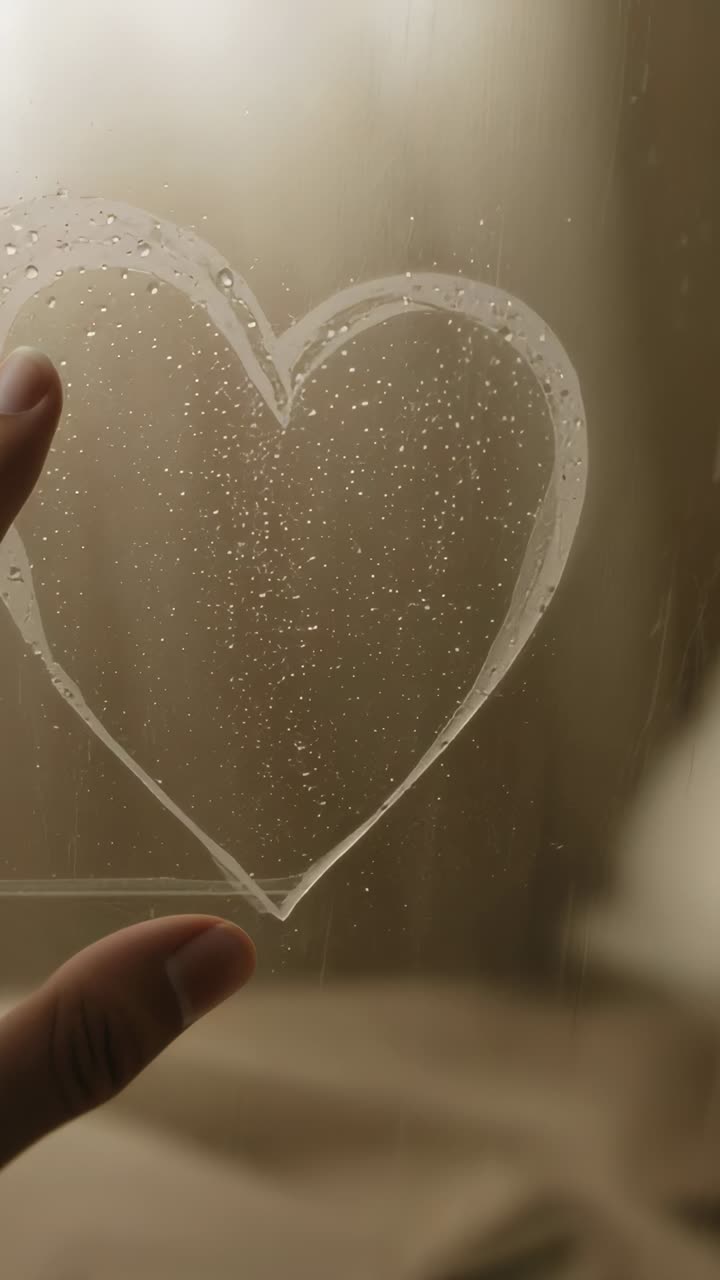 Vertical video: Approaching fingertips pinching lower tip of heart on foggy pane, steadying outline