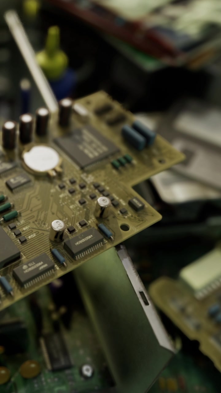 Circuit board is shown on a table with other electronic parts nearby