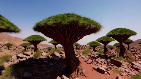 dragon blood trees in a rocky desert landscape