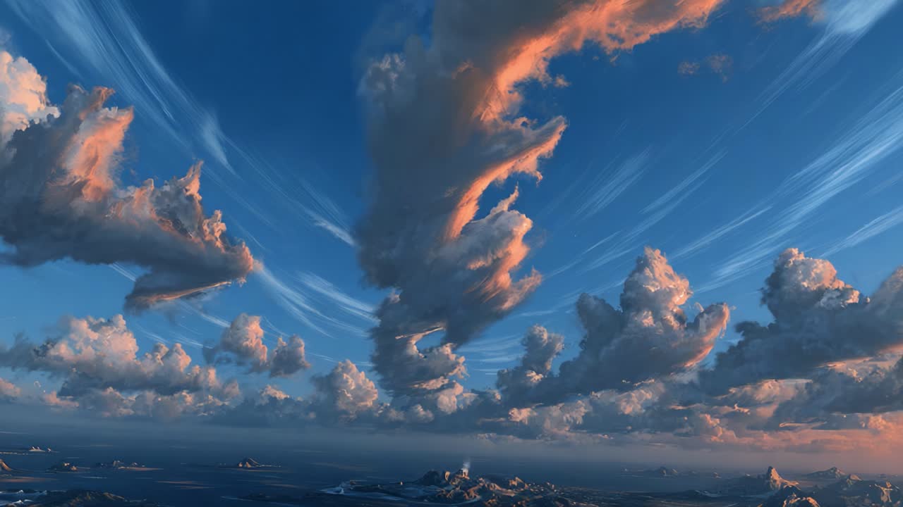 Splendida trasformazione del cielo: una vista accattivante di dinamiche formazioni nuvolose che transita dal giorno alla notte sopra un sereno paesaggio costiero.