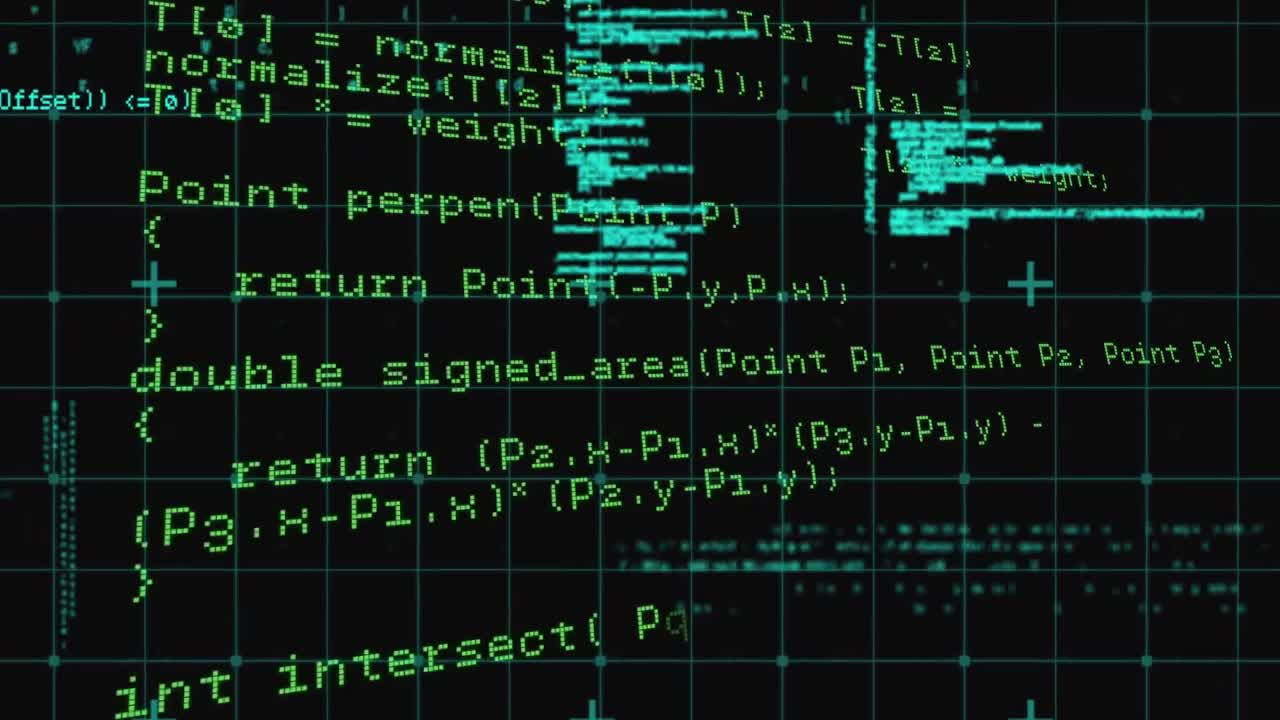 Animation of data processing and computer circuit board over grid