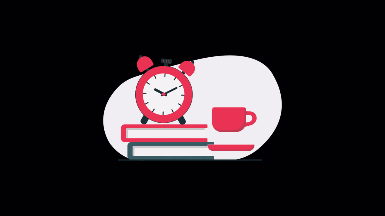 Animated Alarm Clock, Books, and Coffee Cup with Steaming Coffee