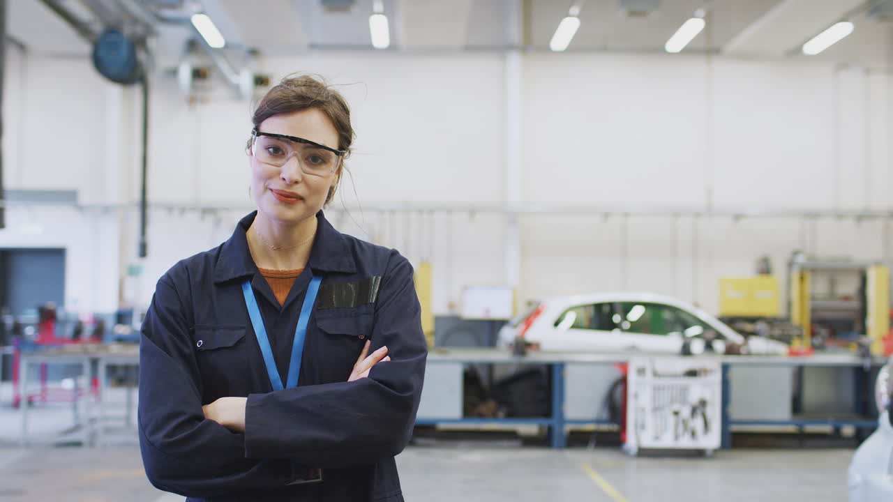 retrato de una estudiante con gafas de seguridad que estudia para un aprendizaje de mecánica automotriz
