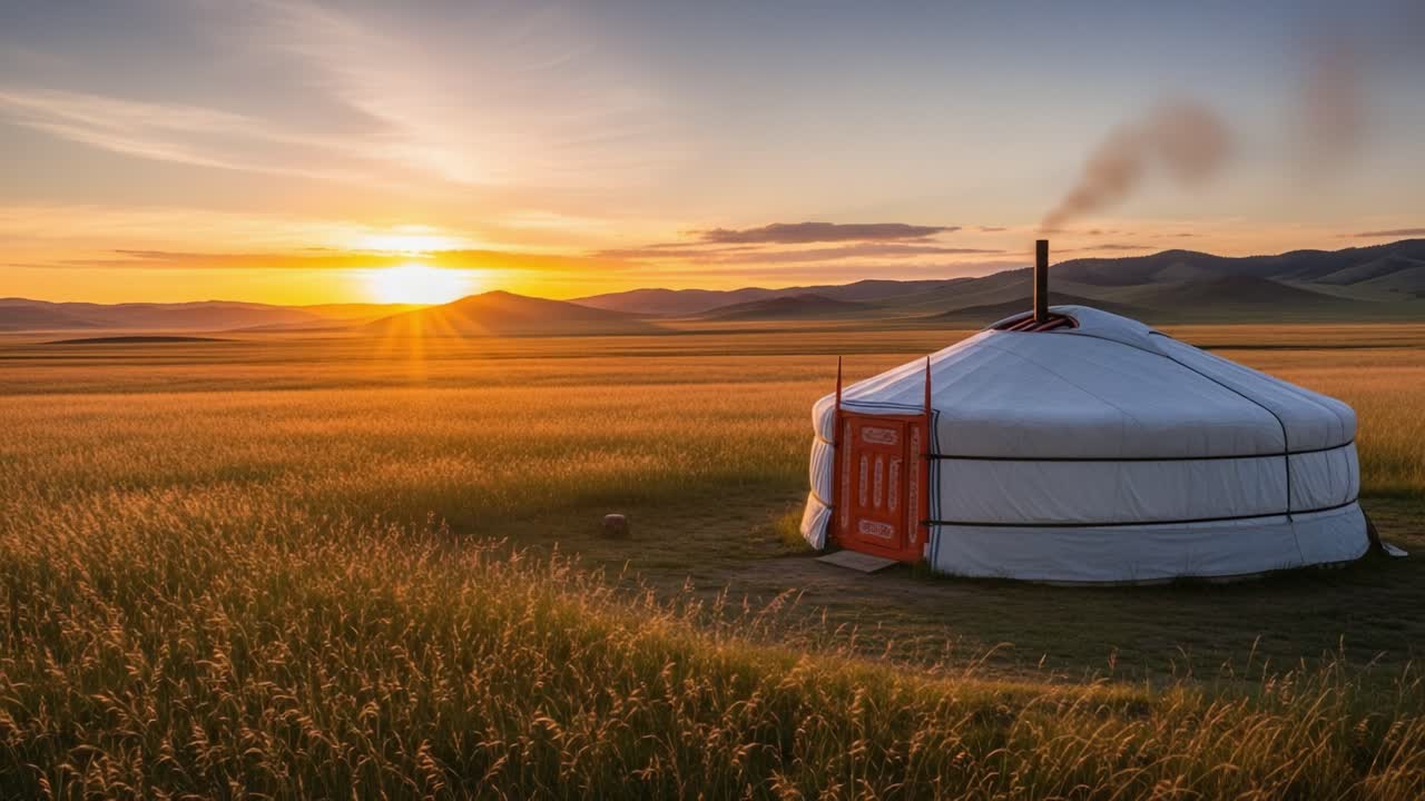Scenic Sunset Over a Yurt in Golden Fields, Capturing the Tranquil Beauty of Nature at Dusk with Dramatic Cloud Reflections