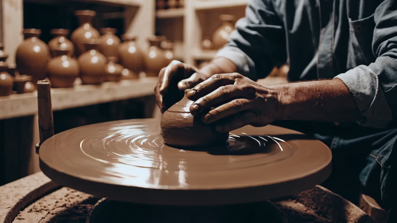 A potter's hands shaping clay on a spinning wheel in a workshop