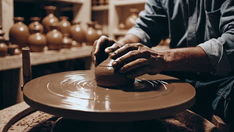 a potter's hands shaping clay on a spinning wheel in a workshop
