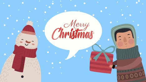 young man with gift and snowman