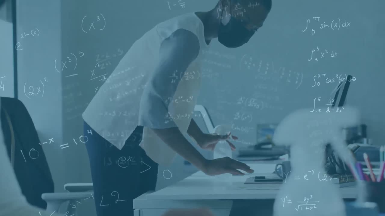 Animation of math formulas over afrcian american man in face mask cleaning desk in office