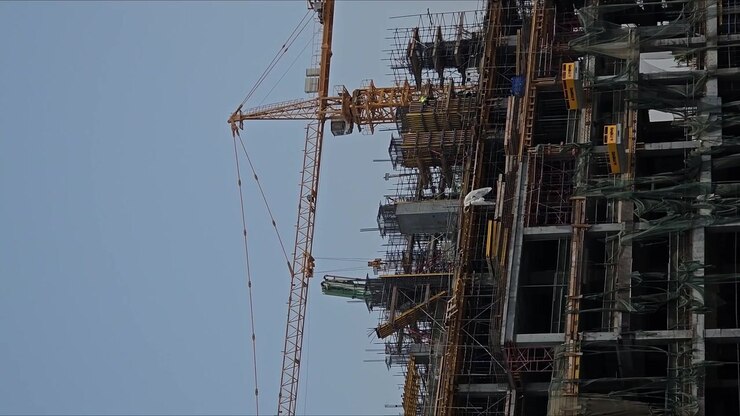 Vertical video building under construction yellow cranes steel structure camera panning right left motion clear sky daytime industrial site urban development architecture progress