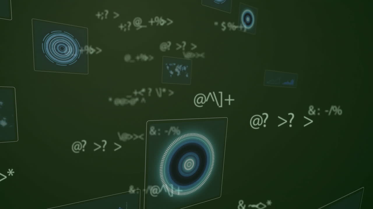 Animation of digital symbols and abstract patterns floating over green backdrop