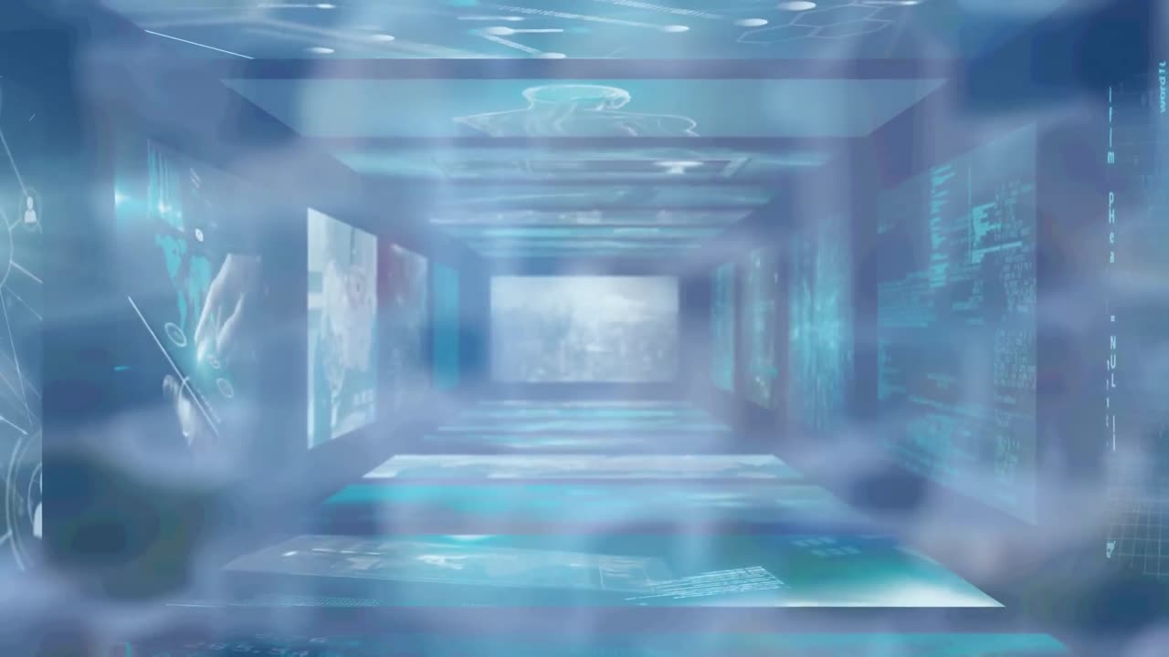 파란색 배경 위의 화면에서 다양한 데이터의 애니메이션