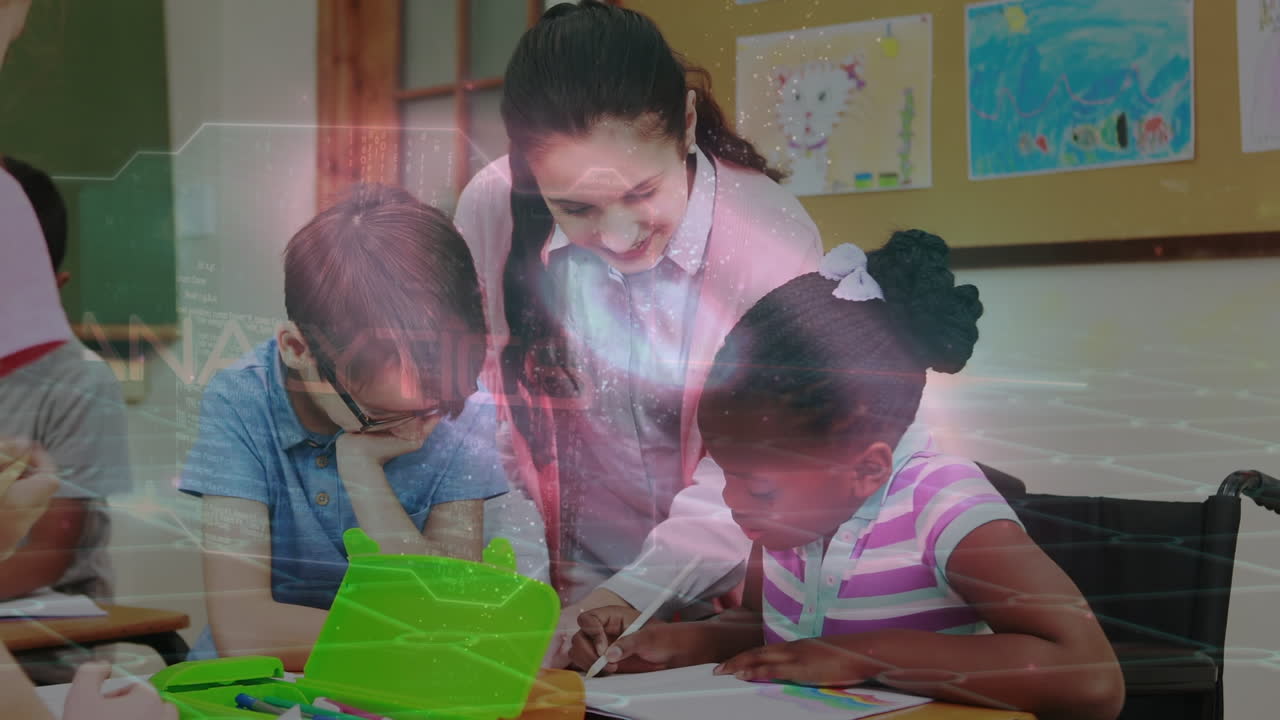 animación del procesamiento de datos sobre maestras y estudiantes caucásicas en la escuela
