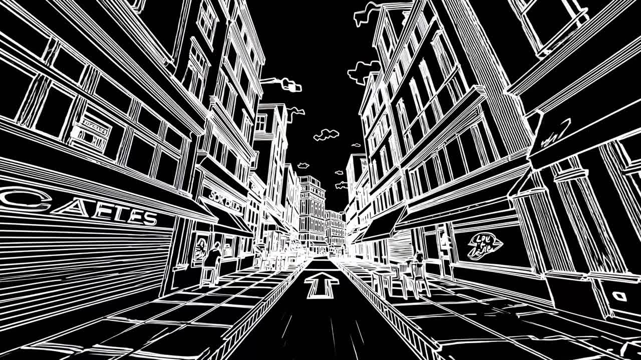 A black and white video illustration of a city street in a wireframe style