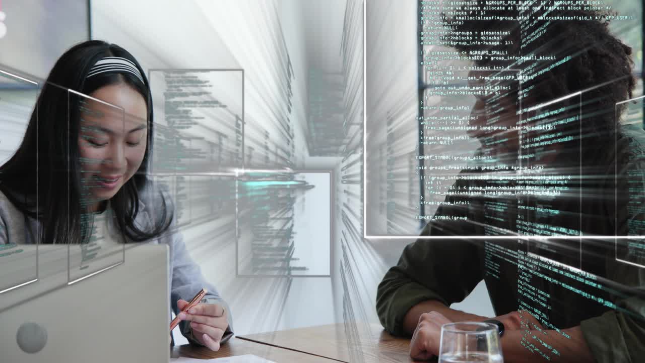 Right colleague offering pen signing business contract while left reviewing docs, HUD showing terms