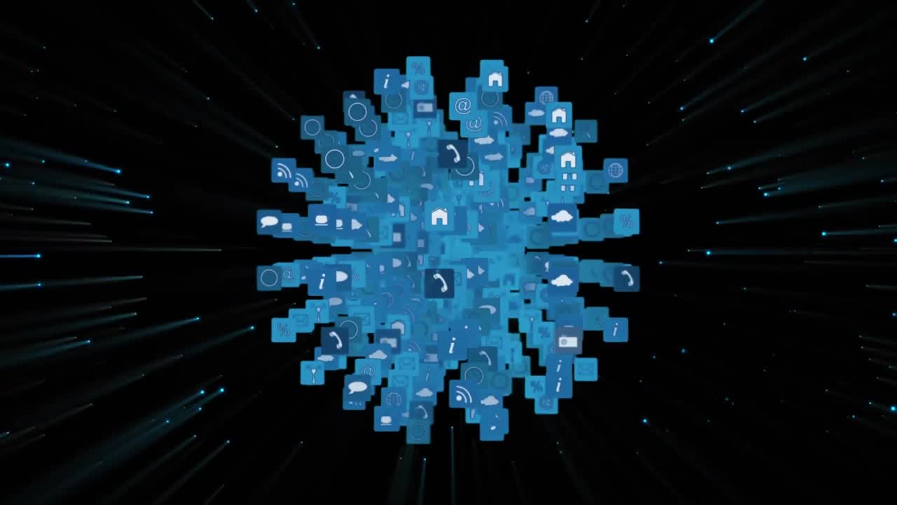 Animation of blue 3d pixel sphere of media icons rotating on black background