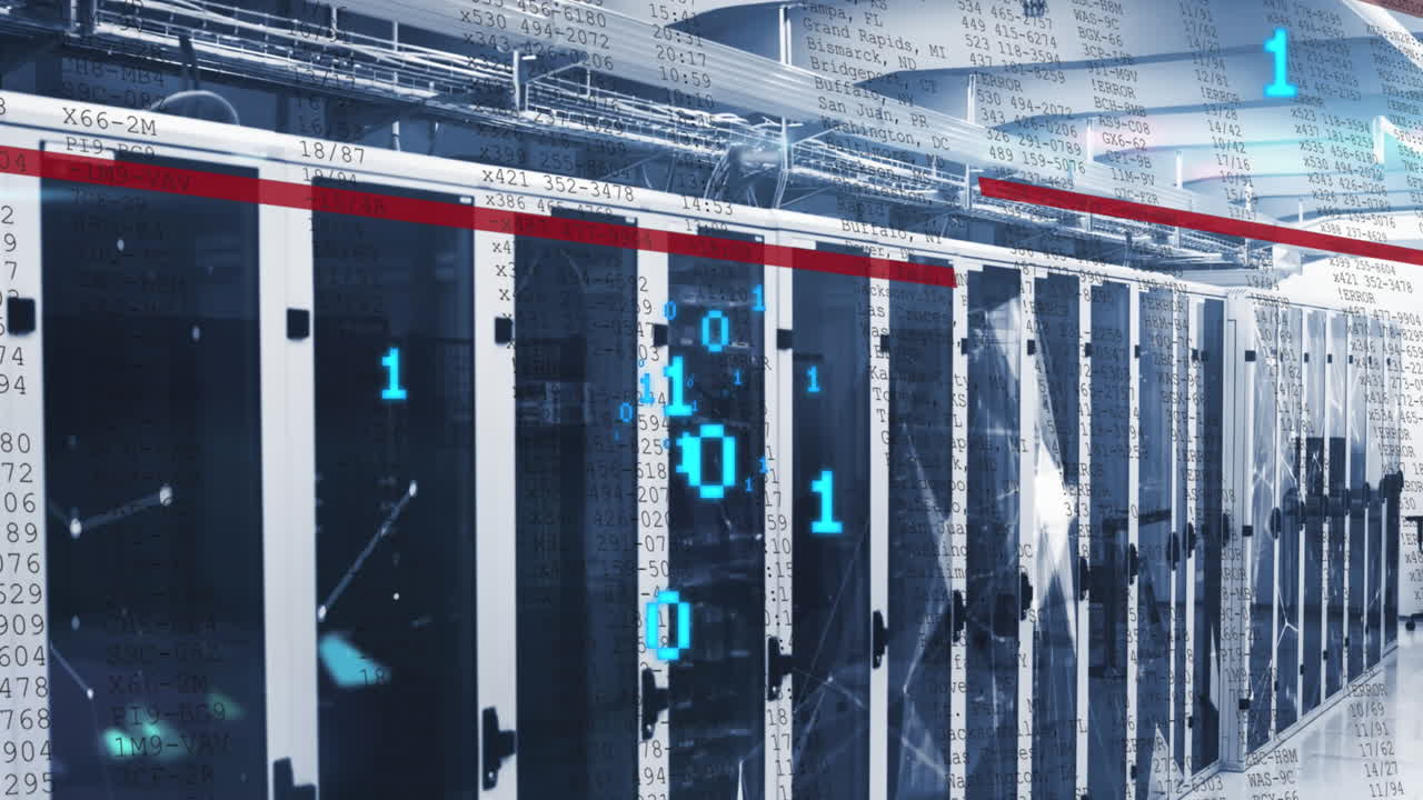 Animation of data processing, binary coding and plexus networks against computer server room