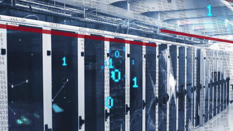animación de procesamiento de datos, codificación binaria y redes plexus contra la sala de servidores de computadoras