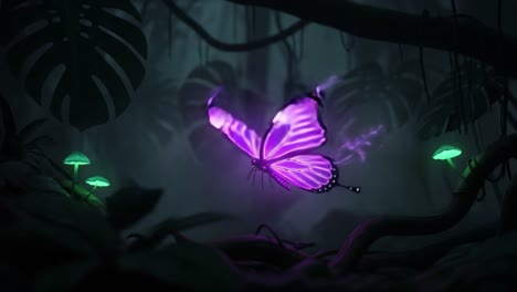 A captivating purple butterfly gracefully flutters through a mystical jungle environment, surrounded by glowing mushrooms and vibrant tropical foliage, evoking a sense of magic and wonder