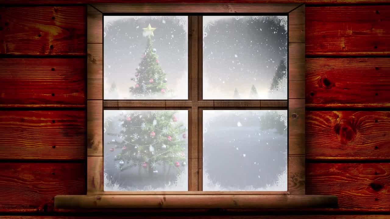 Digital animation af en trævinduesramme med snefald over et juletræ.