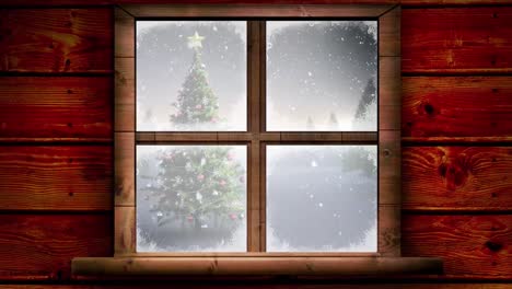 Digital-animation-of-wooden-window-frame-against-snow-falling-over-christmas-tree