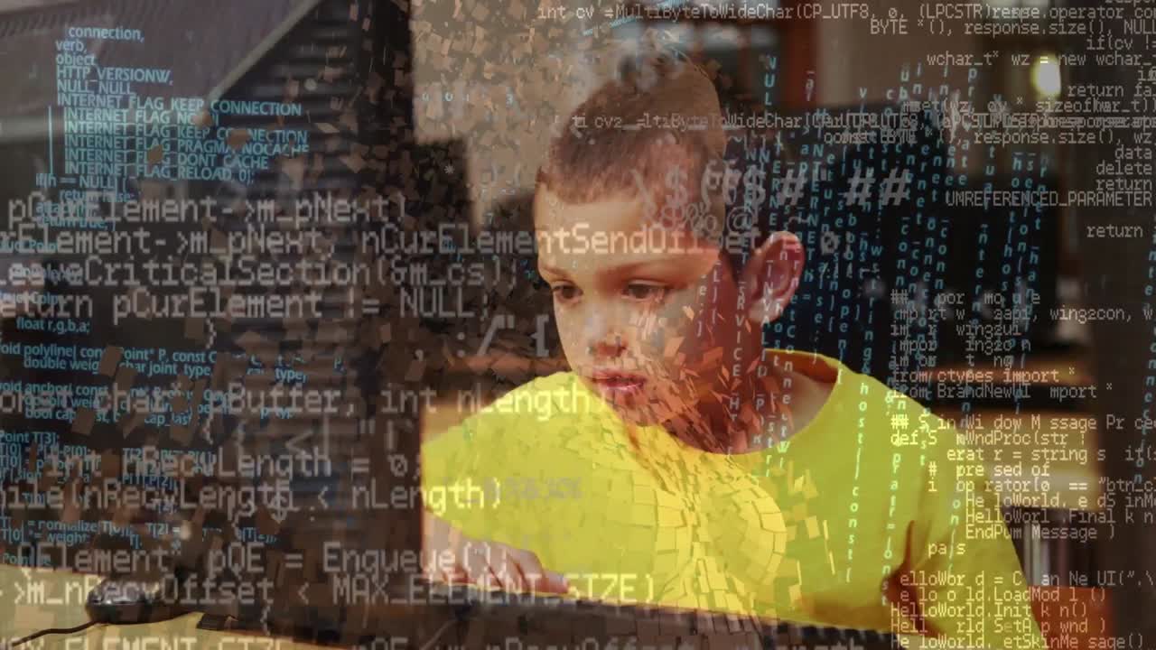 Animation of data processing over caucasian boy using computer at school against human body model