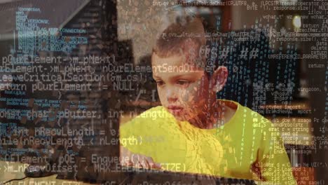 animation of data processing over caucasian boy using computer at school against human body model
