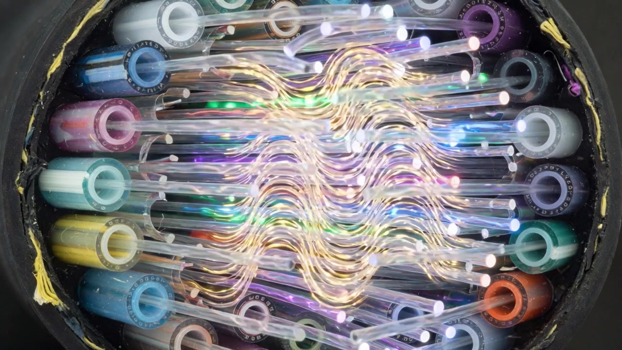 Levende lysimpulser inde i et fiberoptisk kabel