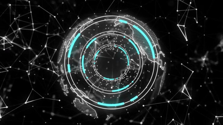 Animation of scope scanning and network of connections over globe on black background