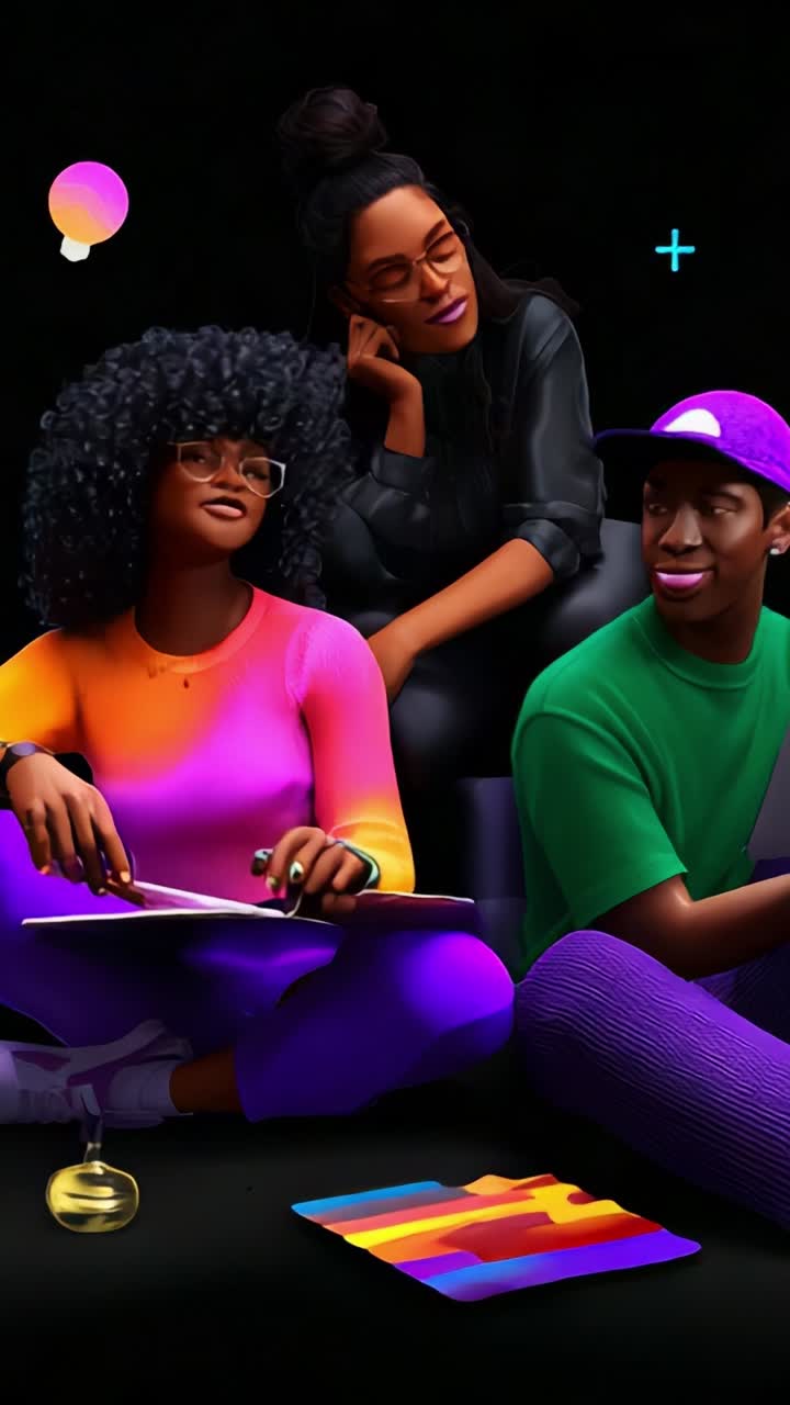 Three friends share a cozy evening, engaging in creative activities while enjoying a backdrop of colorful designs and warm atmosphere in a contemporary setting