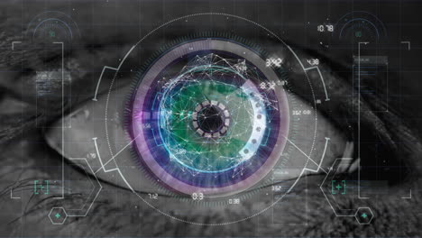 animation of data processing, network of connections and scope scanning over human eye