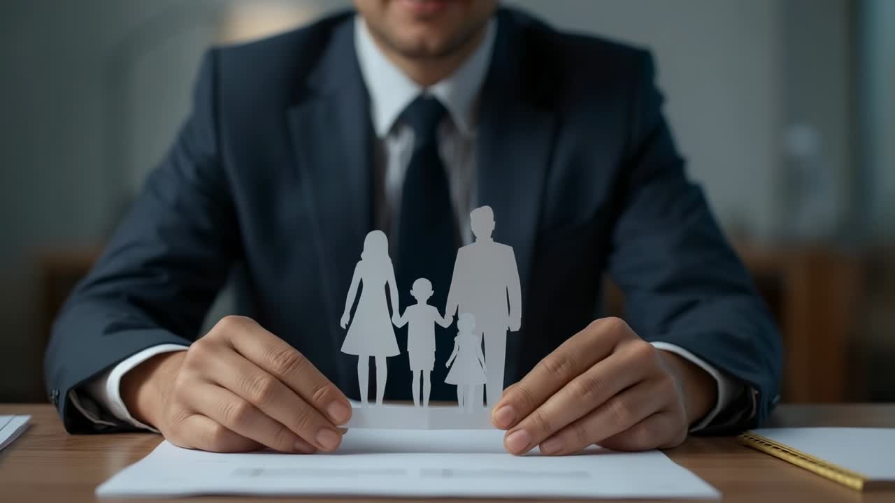 Reaching forward man grasping white paper cutout, placing on office desk, showcasing family bond