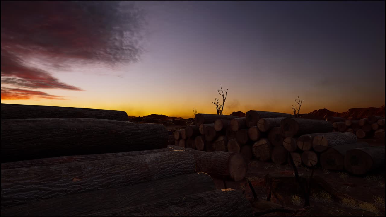 Ceppi d'Albero Rimasti Dopo la Deforestazione, al Tramonto