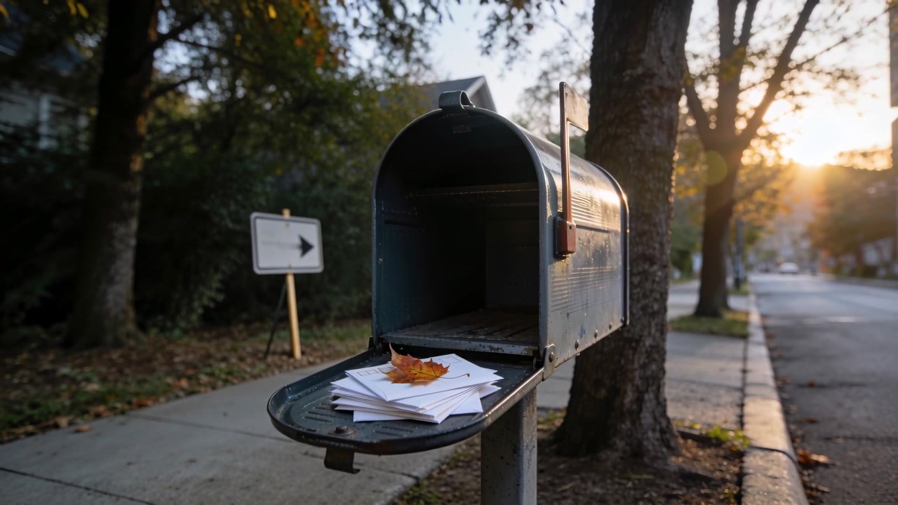 Blowing breeze carrying maple leaf landing onto mail on curbside mailbox, sunlight warming street