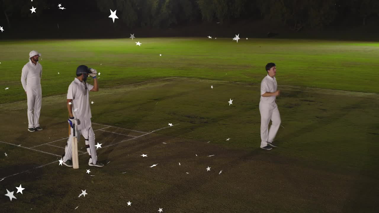 Bowler bowling, cricket batsman, der reagerer, træder tilbage, går til højre, stjerner flyder over banen