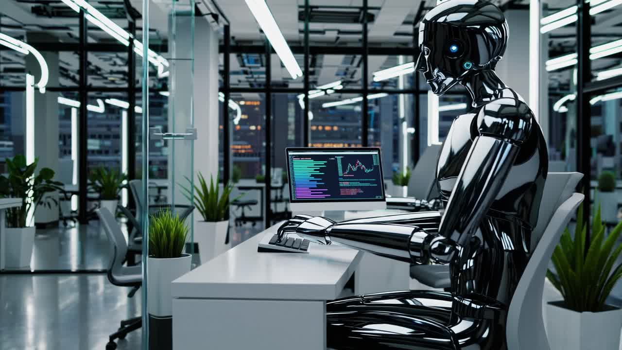 A humanoid robot sits at a sleek desk in a modern office space filled ...