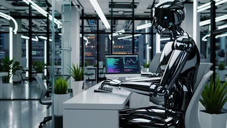 a humanoid robot sits at a sleek desk in a modern office space filled with greenery and large windows. the robot intently engages with a computer, displaying colorful graphs and data on the screen. the environment showcases cutting-edge design with a mix of technology and nature, emphasizing innovat