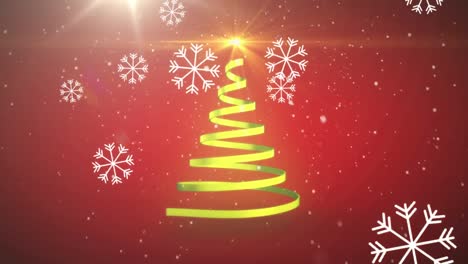 Animación-Del-árbol-De-Navidad-Y-Nieve-Cayendo-Sobre-Fondo-Rojo