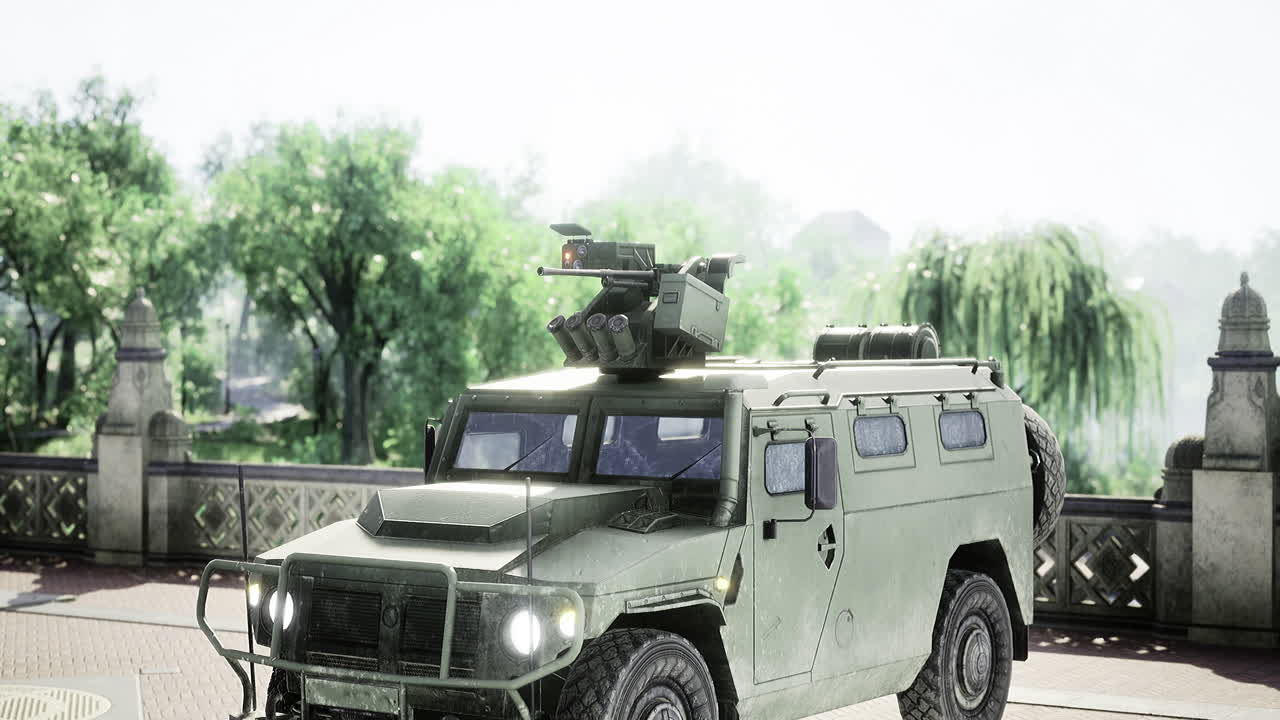Tactical armored vehicle on display in sunny urban park setting