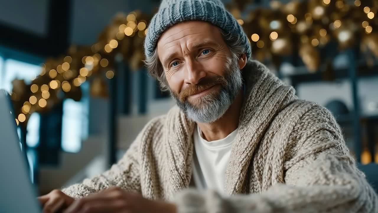 Un hombre con gorro de punto y jersey usando un ordenador portátil