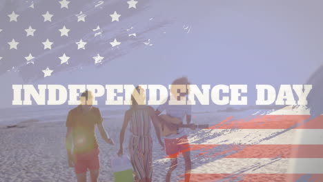 animation of american flag and independence day text over diverse friends walking on sunny beach