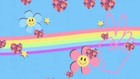 animation of floral hearts floating over rainbow, peace hand sign and smiley face flowers, on blue