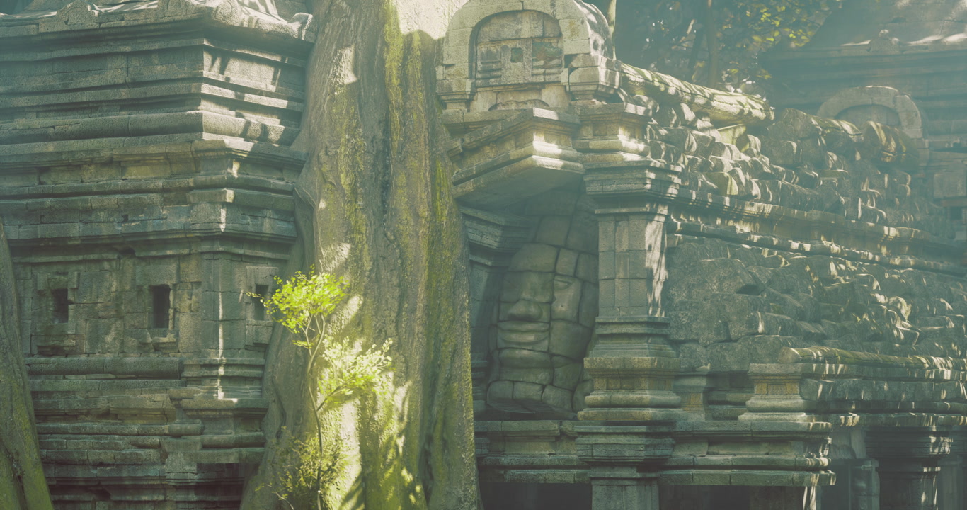 Ancient temple ruins surrounded by lush greenery in a serene forest setting