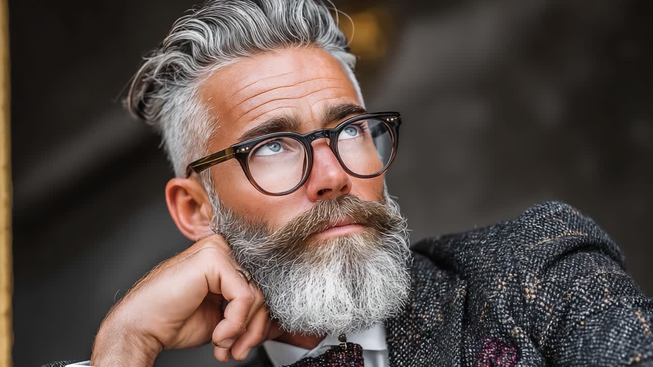 Uomo maturo elegante con capelli grigi e barba in posa pensierosa in un abito sartoriale con occhiali, che enfatizza la raffinatezza e il carisma in un ambiente alla moda.