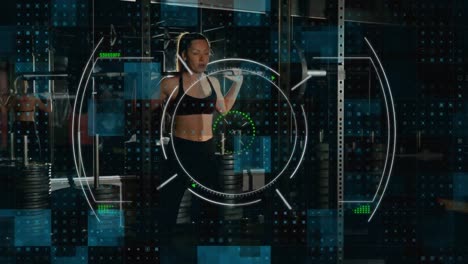 escaneo de alcance y procesamiento digital contra una mujer realizando ejercicio de sentadilla en el gimnasio