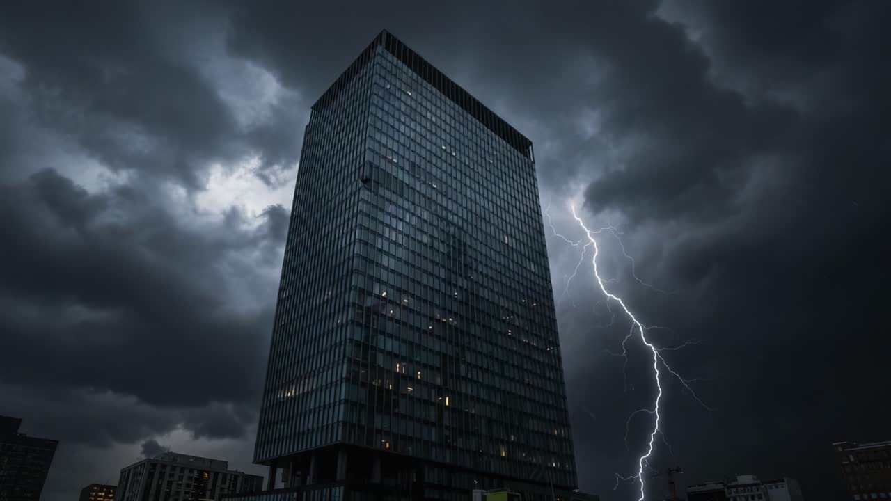 A Dramatic Thunderstorm Unfolds Around a Modern Skyscraper at Dusk, Illuminating the Clouds with Striking Lightning in a Captivating Display of Nature's Power