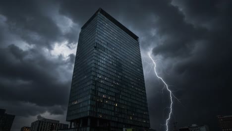 A Dramatic Thunderstorm Unfolds Around a Modern Skyscraper at Dusk, Illuminating the Clouds with Striking Lightning in a Captivating Display of Nature&#039;s Power