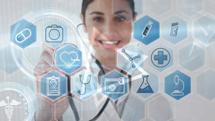 Animación de iconos médicos y forma geométrica sobre una doctora caucásica sosteniendo un estetoscopio.