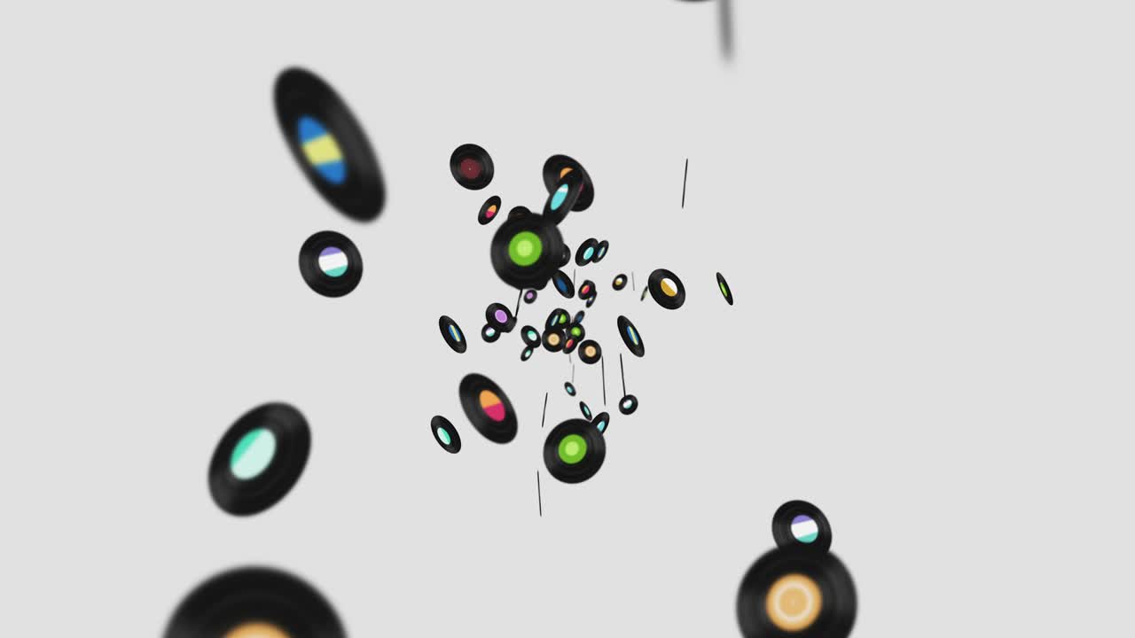 색 배경에 많은 비닐 레코드를 날아. 오래된 기술. 레트로 디자인. 음악 레코드 회전의 3d 애니메이션. 루프 애니메이션.