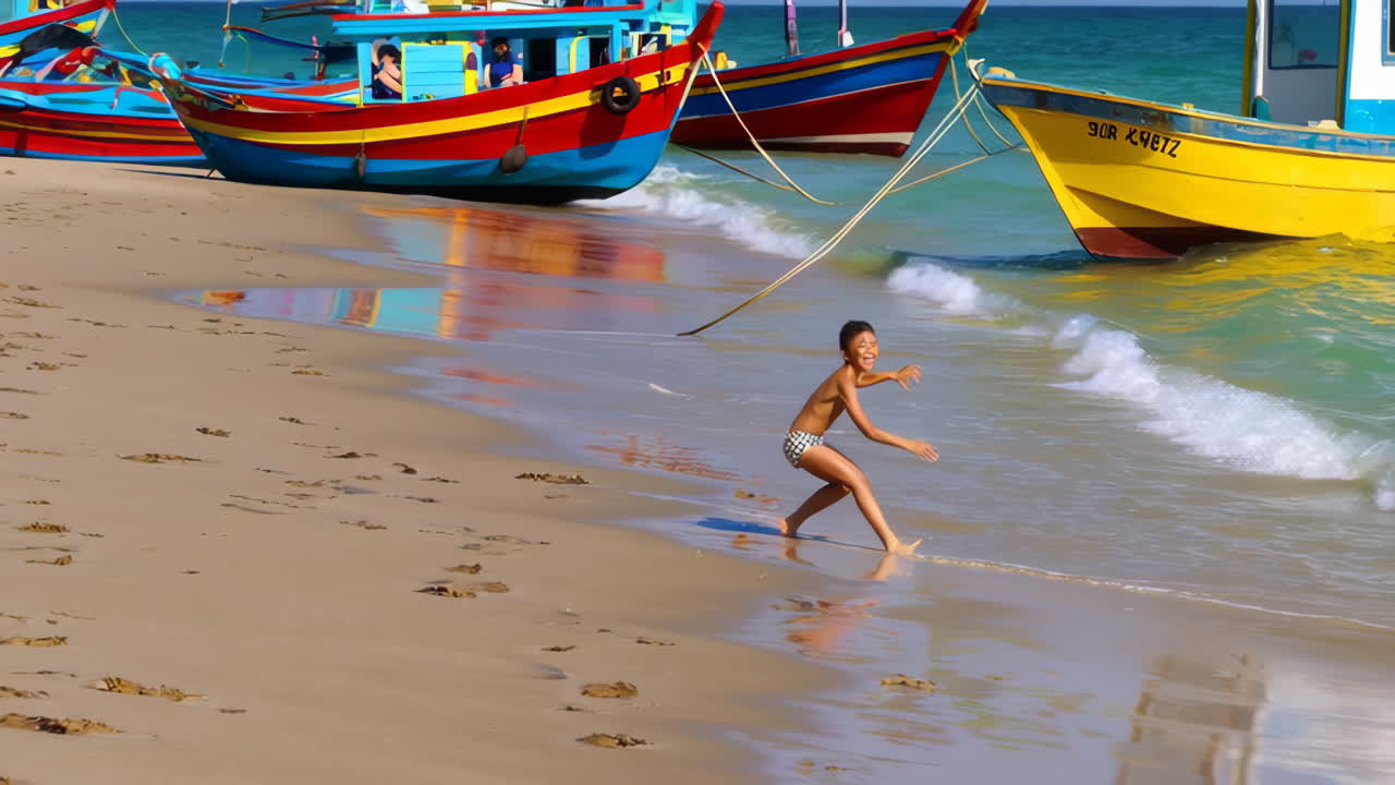Children playing on the beach near colorful fishing boats